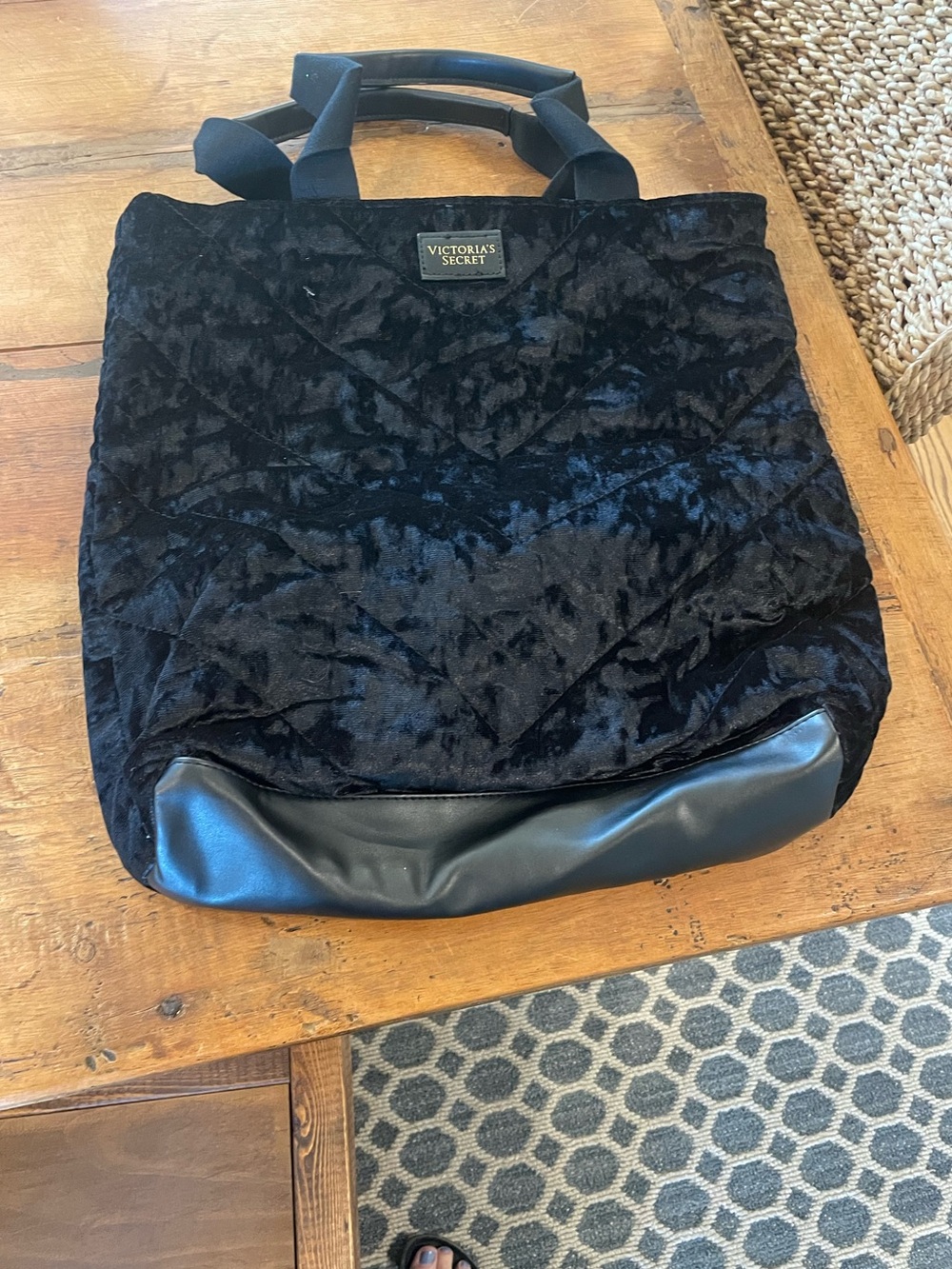 Victoria's Secret Black Velvet Quilted Tote with Faux Leather Base